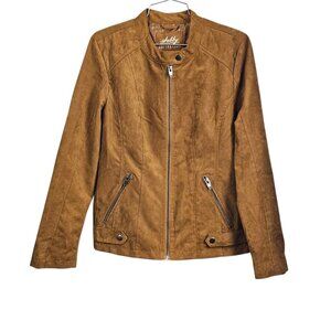 Sebby Collection Brown Faux Suede Zip Moto Gun Metal Bomber Jacket